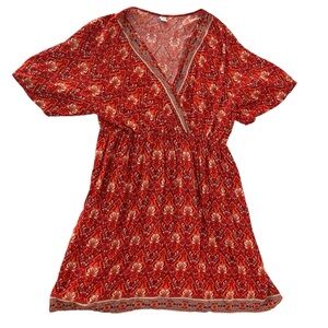 Brown Coco Boho Faux Wrap Mini Dress Red Floral Paisley 1XL Rayon